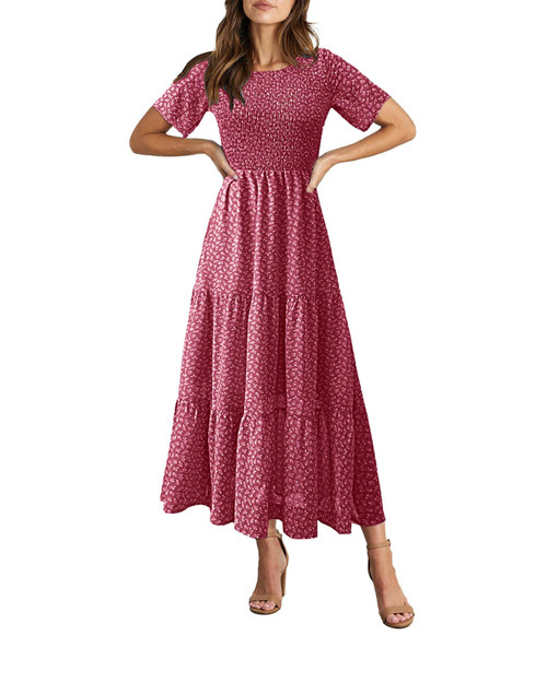 BTFBM Women Casual Short Sleeve Crew Neck Summer Dress Bohemian Floral Printed Flowy Maxi Dresses Tiered Cocktail Dress (Floral Red White, Medium)