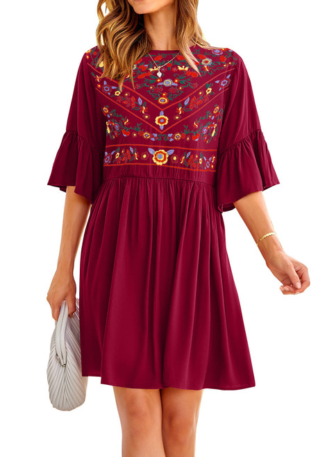 KIRUNDO Women's 2024 Summer Boho Floral Embroidered Mini Babydoll Dress Cute Spring Dresses Casual Bell Sleeve Flowy Tunic Shift Dress(Dark Wine Red, Large) KIRUNDO Women's 2024 Summer Boho Floral Embroidered Mini Babydoll Dress Cute Spring Dresses Casual Bell Sleeve Flowy Tunic Shift Dress(Dark Wine Red, Large)