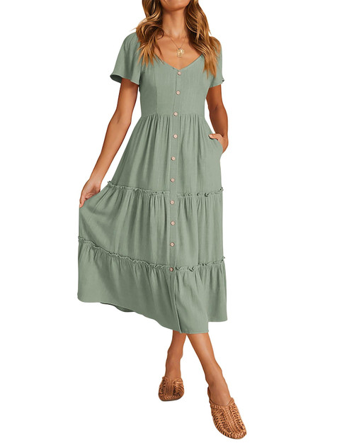 KIRUNDO Linen Dress for Women Casual Loose Short Sleeve Button V Neck Midi Dress Elastic Waist Flowy A Line Tiered Swing Beach Sundress Summer Essentials(Green, Small)