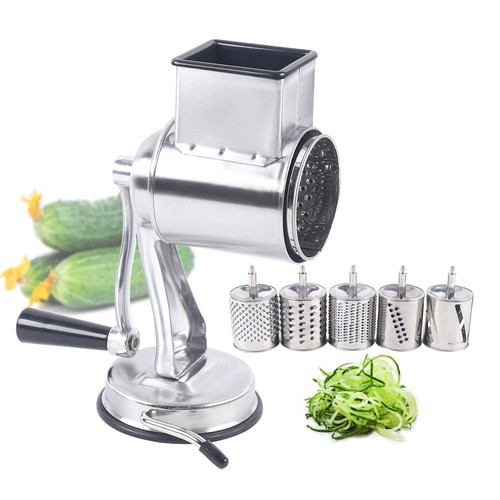 WINUS Multi-Use Hand Grater Grinder, Stainless Steel Manual Rotary Rotary Grater Food Mills Grinder with 5 Drum Blade Grinding Tool Set for Home (With suction cup)