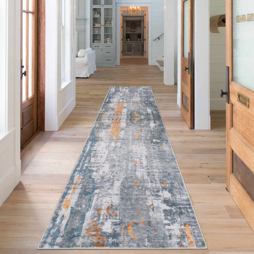 famibay Modern Abstract Runner Rugs for Hallway 2x10 Runner Rugs with Rubber Backing Washable Hallway Rug Runner Non Slip Runner Rug Long Soft Wool Carpet Floor Runners for Hallways (Gray and Rust)