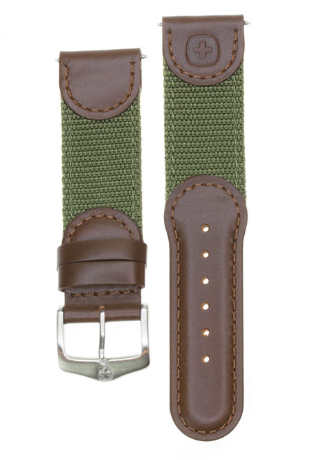 New 19mm Wenger Swiss Army Genuine Brown Leather Strap Army Green Nylon Watch Band