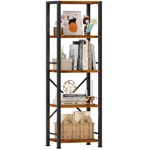 Furologee 5 Tier Tall Bookshelf, Rustic Narrow Bookcase, Display Standing Shelf Units, Metal and Wood Storage Shelves Organizer for Bedroom, Living Room, Home Office, Entryway, Kitchen, Rustic Brown
