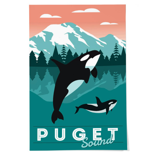 Lantern Press 24x36 Inch Giclee Art Print Wall Decor, Puget Sound, Orca Whale and Calf, Go Freestyle