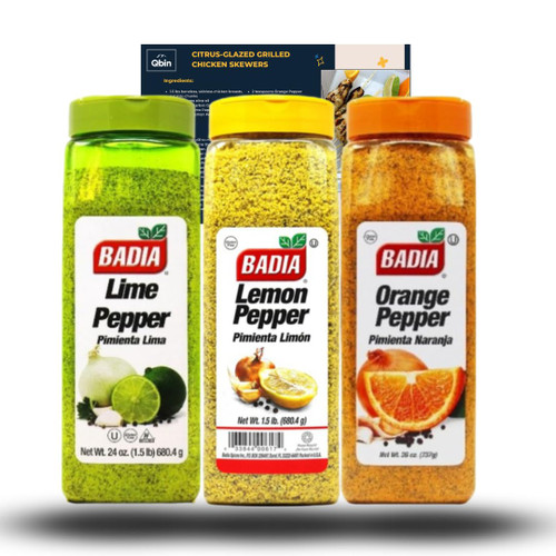 Badia Citrus Pepper Bundle - Lemon Pepper 24 Oz, Orange Pepper 26 Oz, Lime Pepper 24 Oz - QBIN Recipe Card - Variety Pack of 3