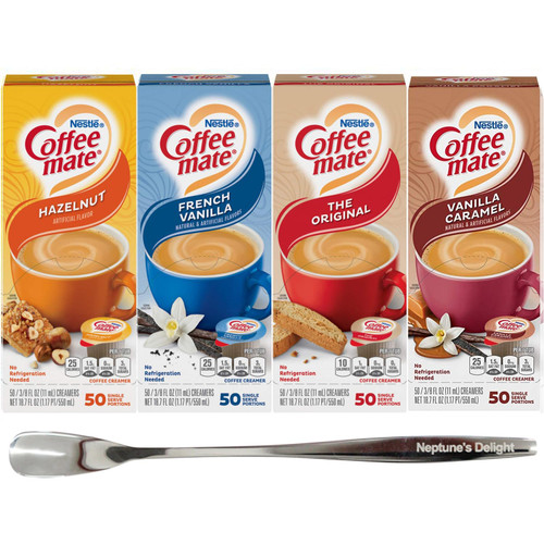 200 Coffee mate Creamer Singles Variety Pack - Vanilla Caramel, French Vanilla, Original, Hazelnut with Neptune's Marketplace Stainless Steel Stirrer