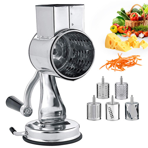 Vaseni Cheese Grater Hand Crank, Rotary Cheese Grater 5 in 1, Rotary Vegetable Cutter Slicer Chopper, Manual Cheese Shredder Hand Crank, Stainless Steel for Fruit Vegetable, Nuts, Potato