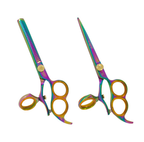 2 PCS SET 3 RING SWIVEL RAINBOW TITANIUM COATED STYLING/BARBER THINNING & CUTTING SHEARS