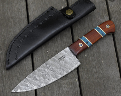 Damascus chef knife, 10.5", Damascus steel pro chef knife, Exotic red heart wood and faux turquoise handle, custom full tang fixed blade chef's knife with leather sheath personalized knife Damascus chef knife, 10.5", Damascus steel pro chef knife, Exotic red heart wood and faux turquoise handle, custom full tang fixed blade chef's knife with leather sheath personalized knife