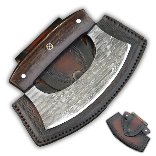 VersaHash Mezzaluna Alaskan Ulu Knife Handmade - Damascus Steel - Multi-Purpose Blade for Chopping, Slicing, Boning & Mincing with Stabilized Wood Handle and Sheath