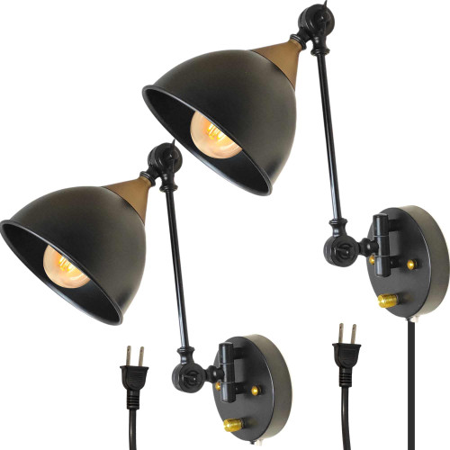 MAZEBLITZ Plug in Wall Sconces Set of 2, Swing Arm Wall Lamp with On Off Switch Dimmable, Metal Black Vintage Industrial Wall Mounted Lighting Reading Light Fixture for Bedside Bedroom Indoor Doorway
