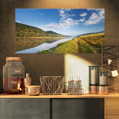 Designart PT9142-32-16 Mountain River Under Blue Sky-Landscape Photo Canvas Print-32x16, 32x16, Green Designart PT9142-32-16 Mountain River Under Blue Sky-Landscape Photo Canvas Print-32x16, 32x16, Green