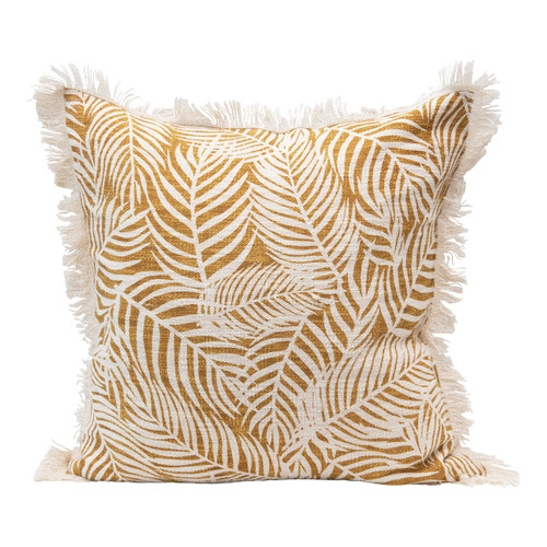 Creative Co-Op Creative Co-Op Cotton Slub Pillow with Palm Frond Pattern and Fringe, Mustard and Natural