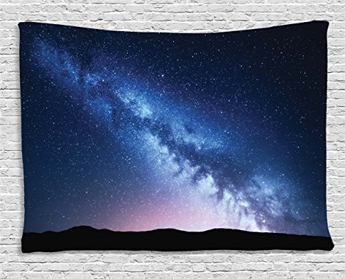 Ambesonne Scenery Decor Tapestry by, Night View Landscape of Nebula Cosmos Stardust on Hill Valley Image, Wall Hanging for Bedroom Living Room Dorm, 80WX60L Inches, Black and Dark Blue