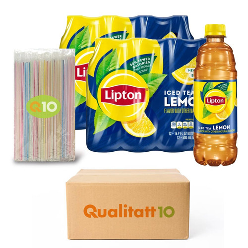 Lipton 24-Pack of Lemon Iced Black Tea Plastic Bottle 16.9 fl oz + 80 Plastic Straws by QUALITATT 10 Brand