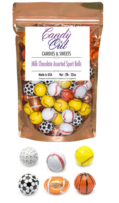 Candyout Chocolate Assorted Sport Balls 2 Pounds - Foil Wrapped Chocolate Candy in Sealed Bag