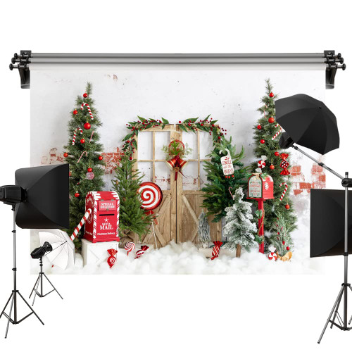Kate 7x5ft/2.2x1.5m Christmas Tree Mailbox Backdrop Wood Door Bells Computer Printed Cloth Background Photo Studio Props