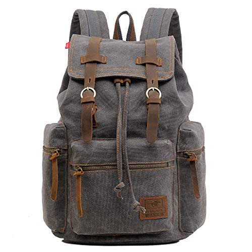 HuaChen Vintage Travel Canvas Leather Backpack,17" Laptop Backpacks Rucksack,Shoulder Camping Hiking Backpacks School Bag Bookbag for Men Women AUGUR (M32_Gray_Large)