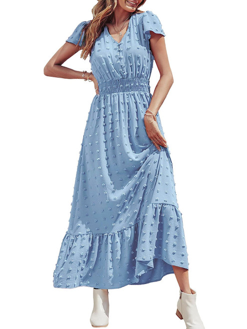 PRETTYGARDEN Women Summer Dresses 2024 Casual Swiss Dot Short Sleeve Maxi Dress V Neck Smocked Flowy Long Wedding Guest Dress (Light Blue, Small)