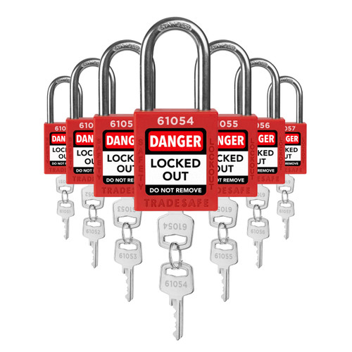 TRADESAFE Lockout Tagout Locks Set - 7 Red Loto Locks, Lockout Locks Keyed Different, 2 Keys Per Lock, OSHA Compliant Lock Out Tag Out Padlocks, Safety Padlocks for Electrical Lockout Tag Out Kits