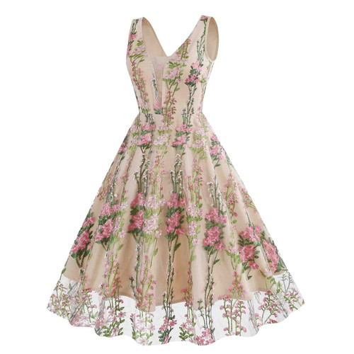 Women's 50s Vintage Floral Embroidered Dress 1950s Retro Rockabilly Sleeveless V Neck Cocktail Party Swing Dress Pink