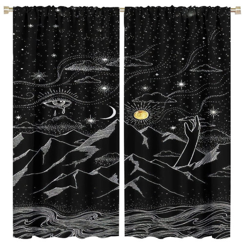 Sun Moon Curtain,Printed Decor Blackout Window Curtains Sun, Moon, Stars Energy Efficient Rod Pocket Curtain Panel for Living Room and Bedroom 52x84in