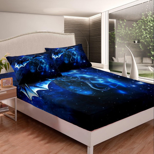 Galaxy Dragon Bed Sheet Set Kids Chic Outer Space Starry Sky Bedding Set Jungle Animals Dragon Fitted Sheet for Boys Children Teens Bedroom Decor Blue Black Bed Cover Queen Size with 2 Pillow Case