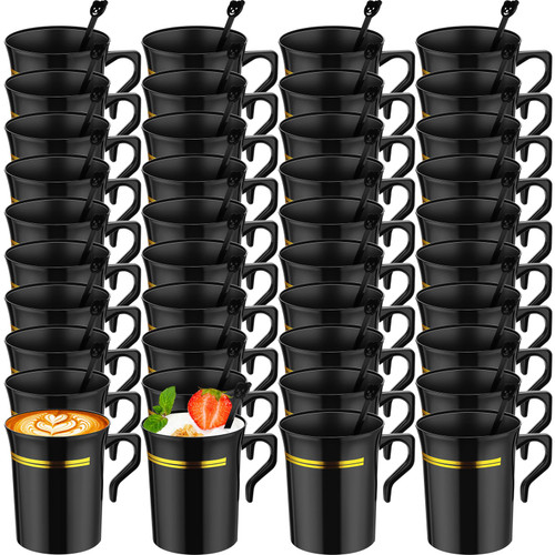 Bokon 100 Pcs Black Plastic Coffee Cup 8 oz Disposable Coffee Mug Bulk with Handle and 100 Pcs Coffee Stirrers Hard Plastic Tea Cup with Gold Rim Espresso Mug for Milk Cafe Halloween Wedding Party