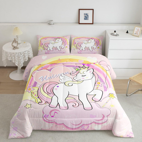 Feelyou Rainbow Unicorn Bedding Set Twin,Pink Unicorn Kids Comforter Sets for Girls Kids Teens Children Bedroom Bed Set Decor 1 Reversible Stars Quilt 1 Pillowcase All Season
