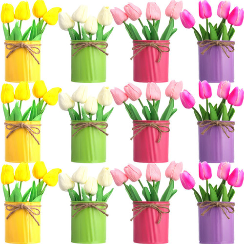 Domensi 12 Pack Artificial Tulips Bulk with Metal Pots PU Faux Multicolor Tulip Flower in Vase Fake Floral Arrangement Bouquet for Home Decor Wedding Party Table Centerpiece Domensi 12 Pack Artificial Tulips Bulk with Metal Pots PU Faux Multicolor Tulip Flower in Vase Fake Floral Arrangement Bouquet for Home Decor Wedding Party Table Centerpiece