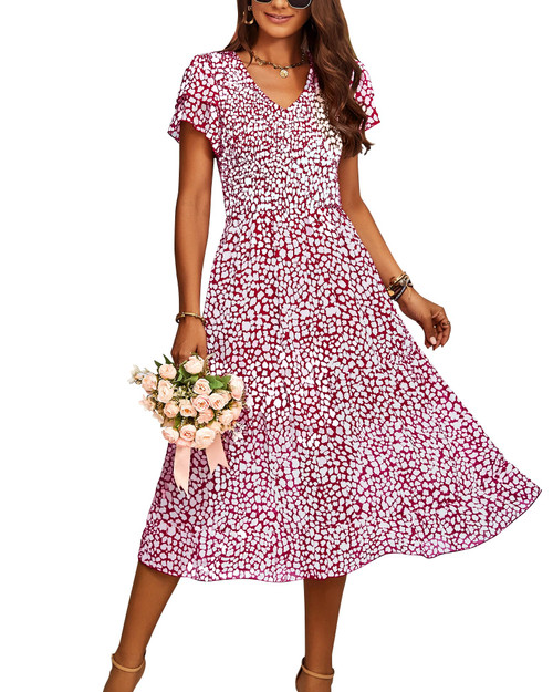 BTFBM Women Casual Summer Short Ruffles Tiered Sleeve Smocked Midi Dresses Bohemian Floral V Neck Wedding Guest Long Dresses(Floral Wine Red,Small)