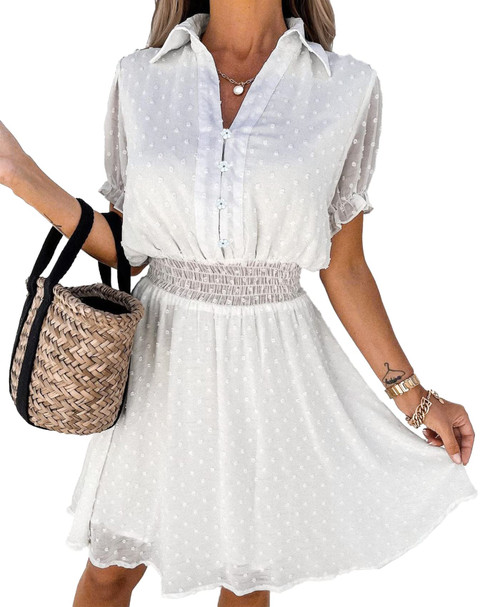 PRETTYGARDEN Women's Summer Dress Casual V Neck Short Sleeve Swiss Dots Elastic Waist A-line Flowy Mini Dresses(White,Medium) PRETTYGARDEN Women's Summer Dress Casual V Neck Short Sleeve Swiss Dots Elastic Waist A-line Flowy Mini Dresses(White,Medium)