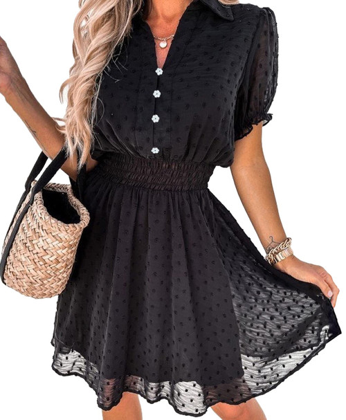 PRETTYGARDEN Women's Summer Dress Casual V Neck Short Sleeve Swiss Dots Elastic Waist A-line Flowy Mini Dresses(Black,Large) PRETTYGARDEN Women's Summer Dress Casual V Neck Short Sleeve Swiss Dots Elastic Waist A-line Flowy Mini Dresses(Black,Large)