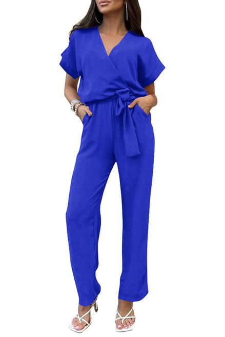 PRETTYGARDEN Women's Jumpsuit Casual Short Sleeve Wrap V Neck Belted Wide Leg Pants (Dark Royal Blue,Large)