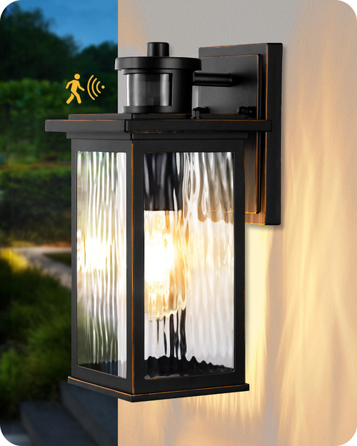 EDISHINE Motion Sensor Outdoor Wall Lights, Dusk to Dawn Exterior Lighting Fixtures Porch Light Wall Mount Sconces with Clear Water Ripple Glass, Outside Wall Lantern Lamp for House Garage, Black EDISHINE Motion Sensor Outdoor Wall Lights, Dusk to Dawn Exterior Lighting Fixtures Porch Light Wall Mount Sconces with Clear Water Ripple Glass, Outside Wall Lantern Lamp for House Garage, Black