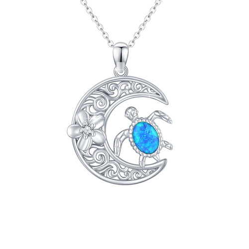 ECHOOY Sea Turtle Necklace 925 Sterling Silver Blue Opal Sea Turtle Pendant Necklace Crescent Moon Necklace Turtle Jewelry Gift for Women Girl Teens