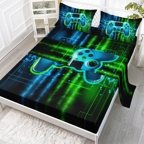 Datura home Video Gamer Sheet Set 4Pcs Kids Green Black Gamepad Modern Gamer Gaming Printed Sheet Set with 1 Flat Sheet and 1 Fitted Sheet + 2 Pillowcases for Boys(Gamepad Queen)
