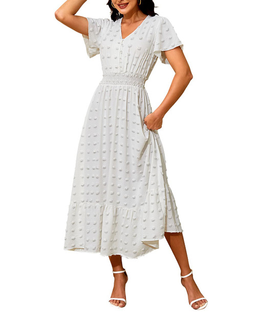 Women Maxi Dresses Boho V Neck Swiss Dot Ruffle Summer Short Sleeve Hight Waist Tiered Flowy Smocked Cocktail Dresses White