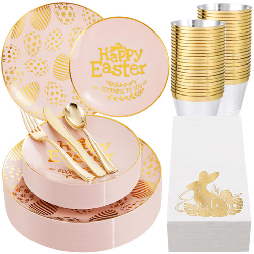 Nervure 175PCS Easter Plastic Plates - Pink Plastic Plates Disposable Include 25 Dinner Plates, 25 Dessert Plates, 25 Cups, 25 Knives, 25 Forks, 25 Spoons, 25 Easter Napkins for Easter Party