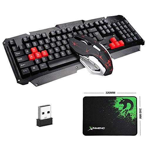 LexonElec Wireless Keyboard Mouse Combo Gamer HK1600 2.4GHz 104 Keys No Backlit Ergonomic Pro Gaming Keypad + Cordless 1600DPI 6 Buttons Optical Mouse + Mice Pad for Laptop PC (Black)