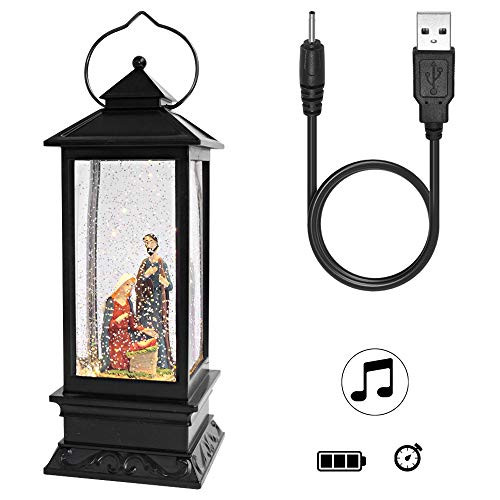 Wondise Lighted Musical Snow Globe Lantern with Timer, 12 Inch USB Plug-in & Battery Operated Water Glittering Christmas Snow Globe Decorative Lamp Gifts(Nativity)