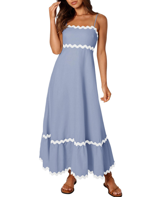 ZESICA Women's 2024 Summer Spaghetti Straps Sleeveless Backless Sundress Flowy Smocked Lace Swing A Line Midi Dress,Blue,Medium
