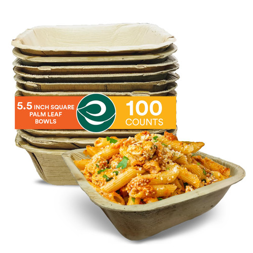 ECO SOUL 100% Compostable Palm Leaf Bowls 5.5 Inch 12 Oz Disposable Square Bamboo Bowls [100-Pack] Dessert Bowls Bamboo Style I Heavy Duty Eco-Friendly Sturdy Palm Bowl I Biodegradable Eco Bowls