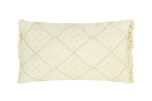 Creative Co-Op Rectangle Cotton & Linen Diamond Design & Fringed Ends Lumbar Pillow, Cream