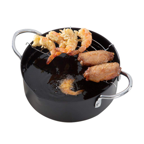 ADG Japanese Style Tempura Fryer, Household Gas Stove Mini Fryer with Oil Filter Rack Induction Cooker Universal Non-Stick Pan Oil Pan Iron Pan 20cm