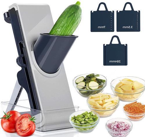 Mandolin Safe Slice, for Potatoes,Vegetable,Meat,Onions Jullien Slicer, Mandolin Slicer Julienne with Container, Thickness Adjuster Multi Blades,blue