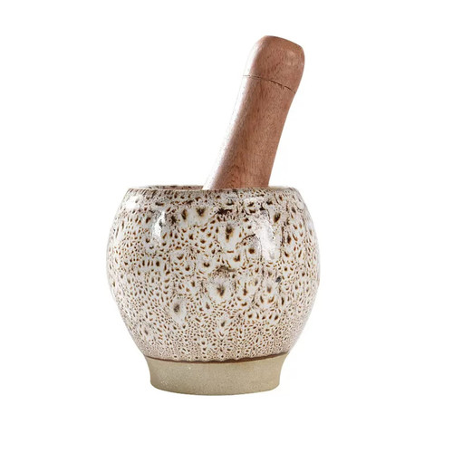 Pestle and Mortar Ceramic Mortar Bowl with Wooden Pestle, Pill Crusher, Spice Grinder, Herb Bowl, Pesto Powder, Retro Spotted Pattern Design, 3.9in pestal & morter