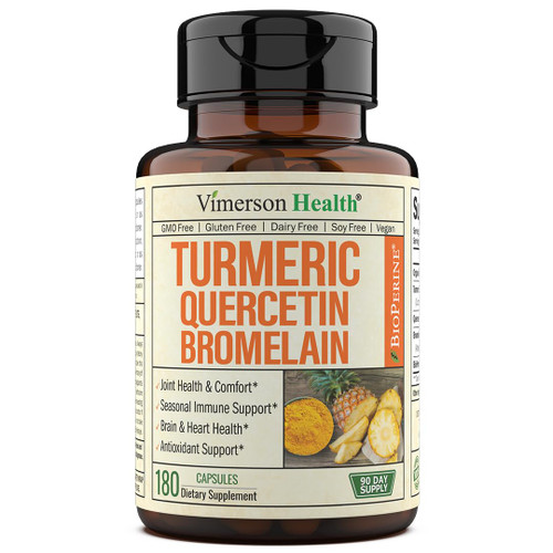 Quercetin with Bromelain & Turmeric Curcumin - Bromelain Supplement with Black Pepper. Immune Support & Joint Support Supplement - BioPerine, Bromaline & 700mg Organic Tumeric. Non-GMO. Vegan.180 Caps