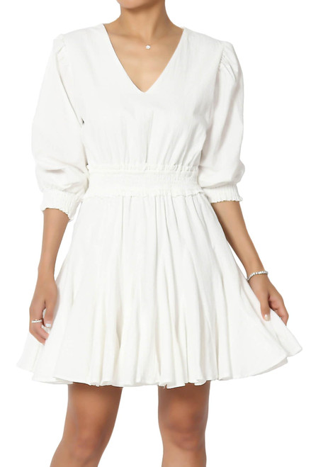 TheMogan Women's Embroidered Cotton V-Neck 3/4 Puff Sleeve Fit & Flare Mini Dress White L