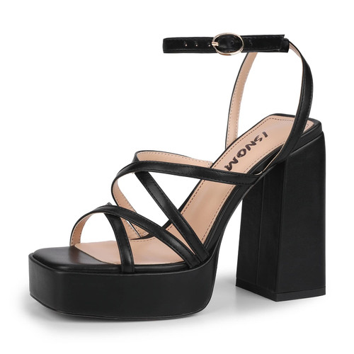 ISNOM Platform Heels for Women, Black Heels for Women Chunky Heel Black Platform Heels Block Heels for Women Platform Strappy Heels Suqare Open Toe Sandals
